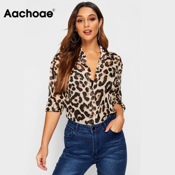 Aachoae Women Blouses Sexy Long Sleeve Autumn Leopard Blouse Turn Down Collar Ladies Office Shirt Casual Loose Tops Chemisier