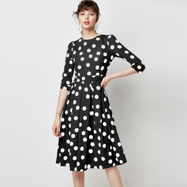 Aachoae 2020 Spring Polka Dot Dress Women Vintage Three Quarter Sleeve Office Casual Dress O Neck Ladies Long Pleated Dresses