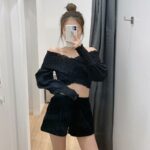 Aachoae-Chiffon-Black-Cropped-Blouse-Women-Sexy-Crossover-V-Neck-Stretchy-Shirt-Long-Sleeve-Off-Shoulder-Stylish-Bodycon-Top
