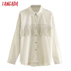 Tangada Women Beige Cotton Tassel Coats Jacket Loose Long sleeves 2020 Autumn Winter Ladies Elegant coat CE494