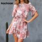 Aachoae 2020 Summer Floral Print Mini Dress Women O Neck Ruffle Elegant Sashes Dresses Ladies Short Sleeve Casual Beach Sundress