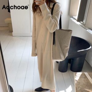 Aachoae Solid Knitted Dress Women Casual Batwing Sleeve Straight Dress Turn Down Collar Single Breasted Long Dress Vestidos