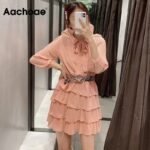 Aachoae-Pink-Color-Dot-Embroidery-Chic-Chiffon-Dress-Bow-Tie-Collar-Bandage-Bud-Dresses-Lady-See-Through-Sleeve-Mini-Dress-Women