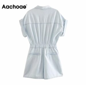 Aachoae Fashion Light Blue Color Denim Jumpsuit Women Summer Batwing Short Sleeve Loose Playsuit Female Pockets Casual Jumpsuits