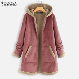 2020 Plus Size ZANZEA Winter Zipper Fleece Jackets Women Vintage Solid Hooded Long Sleeve Warm Coats Overcoats Femme Outwear