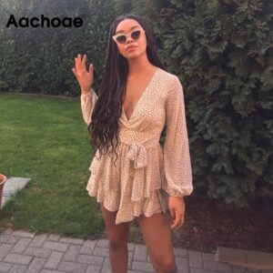 Aachoae Sexy Deep V Neck Polka Dot Beach Dress Women See Through Long Sleeve Female Bud Dress Bandage Holiday Mini Dress Summer