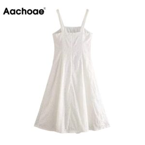 Aachoae Sexy Spaghetti Strap White Dress Summer Embroidery Backless Party Dress Women Solid Beach Knee Length Dress Vestidos