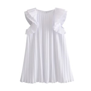 Aachoae 2020 Loose White Pleated Mini Dress Women Summer O Neck Elegant Party Dress Solid Fashion Ruffle Sleeve Short Dresses