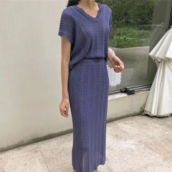 Aachoae Solid Knit Skirt Set Women V Neck Bawting Short Sleeve Loose Tops High Waist Straight Midi Skirt Sets Ensemble Femme