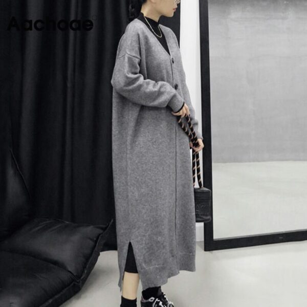 Aachoae 2020 Korean Chic V Neck Knitted Dress Women Loose Casual Long Sleeve Sweater Dressses Elegant Long Dress Vestidos