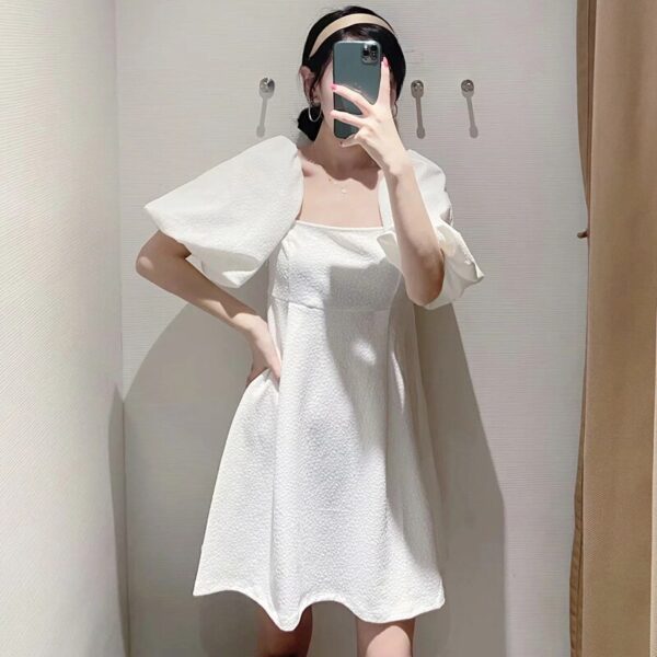 Aachoae Summer White Mini Dress Women Puff Short Sleeve Sweet Cotton Dresses Back Bow Tie Hollow Out Solid Casual Dress Vestidos