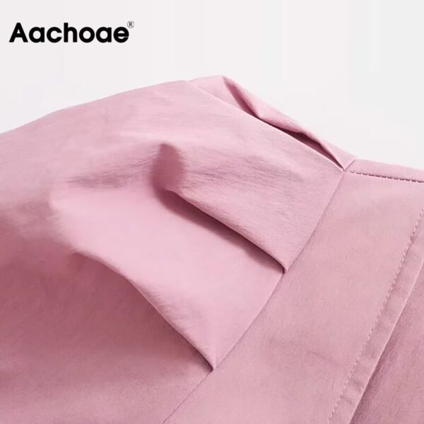 Aachoae Summer Pink Color Chic Playsuit Women Puff Short Sleeve Stylish Playsuits With Belt Button Pocket Holiday Romper Femme