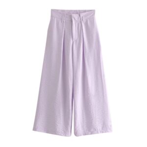 Aachoae Solid Casual Wide Leg Pants Women Elastic High Waist Long Pleated Trousers Ladies Zipper Fly Loose Purple Pants Bottoms