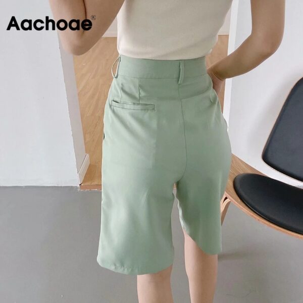 Aachoae Solid Straight Half Length Pants Women High Waist Pleated Casual Pants Lady Baggy Fashion Loose Bottom Pantalon Femme