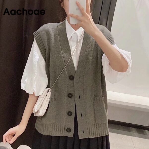 Aachoae Women Knitted Sweater Vest Cardigan Autumn 2020 Sleeveless Solid Casual Sweaters Tops Loose V Neck Pockets Waistcoat