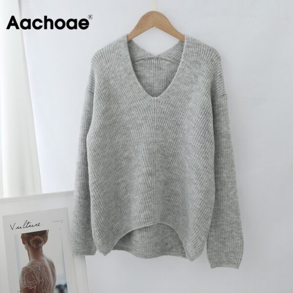 Aachoae 2020 Solid V Neck Pullover Sweater Women Loose Batwing Long Sleeve Knit Jumper Irregular Hem Fashion Sweaters Female