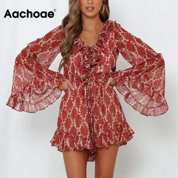 Aachoae Boho Floral Print Playsuit Women Summer 2020 Flare Long Sleeve Ruffle Party Bodysuit Chic V Neck Chiffon Beach Jumpsuit