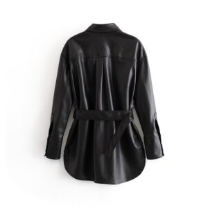 Aachoae Pu Leather Coat Women Spring Single Breasted Long Sleeve Solid Coat With Belt Vintage Pocket Buttons Outwear Ladies Tops