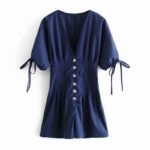 Aachoae-Summer-Navy-Color-Deep-V-Neck-Playsuit-Women-Batwing-Short-Sleeve-Elegant-Playsuit-Pleated-Bow-Cotton-Linen-Romper-Lady