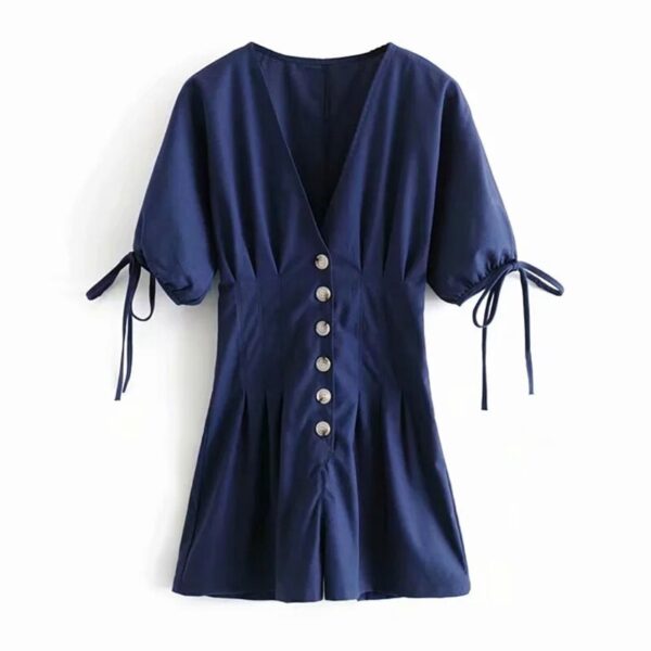 Aachoae Summer Navy Color Deep V Neck Playsuit Women Batwing Short Sleeve Elegant Playsuit Pleated Bow Cotton Linen Romper Lady