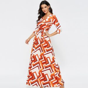 Aachoae 2020 Fashion Geometric Print Long Dress Women Spring Half Sleeve Casual Maxi Dresses Ladies Sexy V Neck Boho Beach Dress