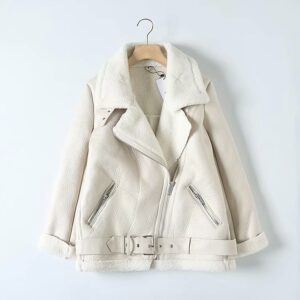 Fur Long Sleeved Loose Belt Warm Women's Jacket Lamb Wool Winter Thickened Locomotive Lapel Female Coat Beige Black Chic PU Top