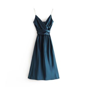 Aachoae Women Satin Blue Party Dress Sexy Sleeveless Backless Long Dresses Female Solid Elastic Waist Spaghetti Strap Dress