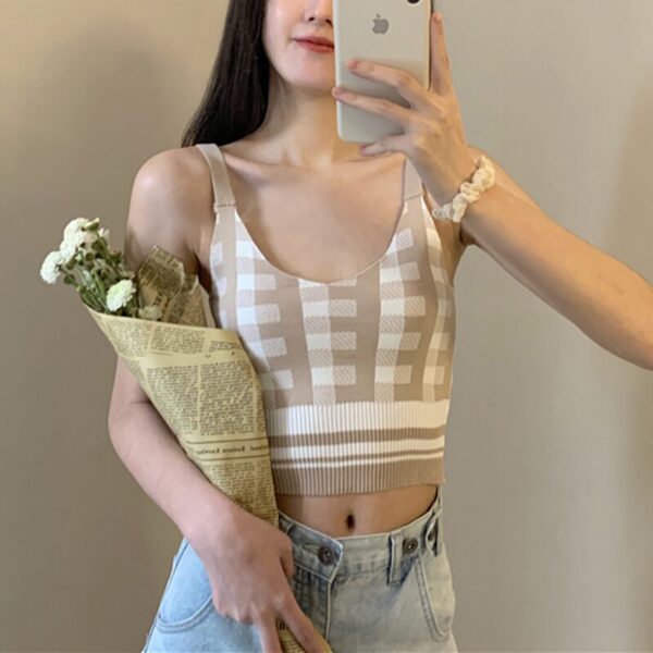 Aachoae Plaid Patchwork Camisole Women Sexy Spaghetti Strap Short Tank Tops Lady Retro Slim Knitted Camis Female Vetement Femme