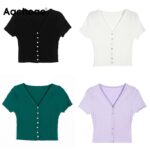Aachoae-Solid-Striped-Slim-Shirt-Women-V-Neck-Bodycon-Short-Tops-Ladies-Short-Sleeve-Soft-Cropped-T-Shirt-Summer-2020-New