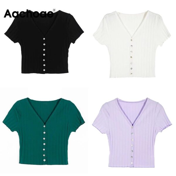 Aachoae Solid Striped Slim Shirt Women V Neck Bodycon Short Tops Ladies Short Sleeve Soft Cropped T Shirt Summer 2020 New