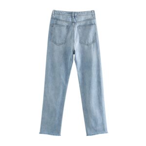 Aachoae Women Retro Light Blue Color Long Jeans Raw Edge Baggy Denim Pants Lady Button Fly Straight Casual Mom Jeans Pantalones