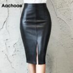 Aachoae-Black-PU-Leather-Skirt-Women-2020-New-Midi-Sexy-High-Waist-Bodycon-Split-Skirt-Office-Pencil-Skirt-Knee-Length-Plus-Size