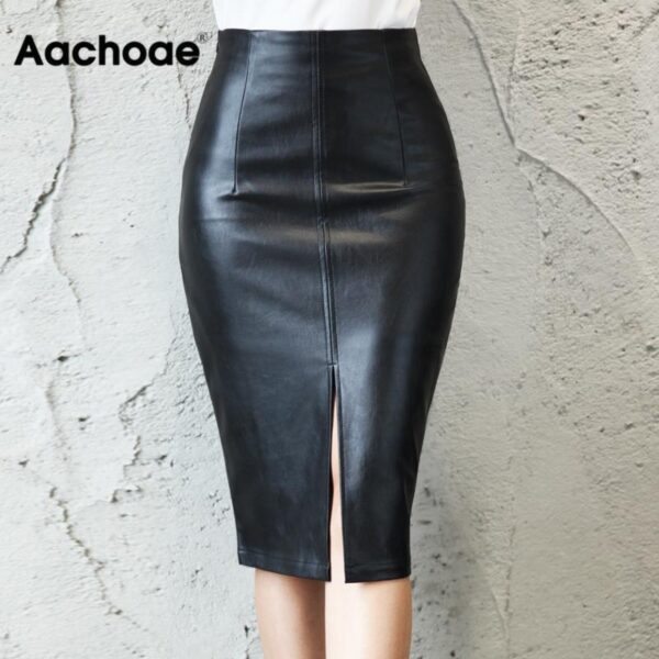 Aachoae Black PU Leather Skirt Women 2020 New Midi Sexy High Waist Bodycon Split Skirt Office Pencil Skirt Knee Length Plus Size