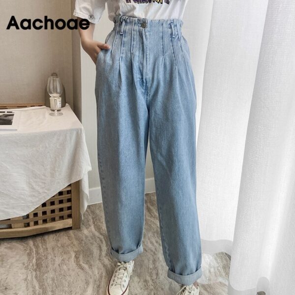 Aachoae Light Blue Color Paperbag Pants Jeans Women Pleated Loose Casual Cowboy Jeans Lady Back Elastic Waist Long Trousers
