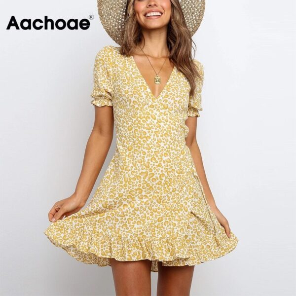 Aachoae Summer Casual V Neck Print Dress Women Short Sleeve Fashion Beach Mini Dress Ruffles Wrap Dress Sundress Vestidos Mujer
