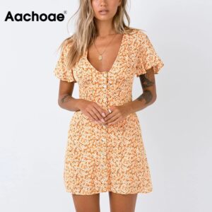 Aachoae Summer Floral Print Vintage Mini Dress Women Deep V Neck Boho Beach Dresses Female Short Sleeve Casual Button Dress