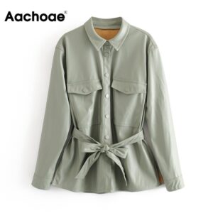 Aachoae Women Fashion Faux Leather Jacket With Belt 2020 Ladies Long Sleeve Streetwear Jackets Loose Casual Pockets Outwear Coat