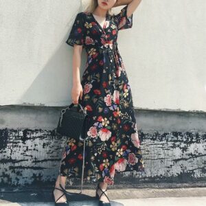 Aachoae Chiffon Floral Print Boho Dresses Women V Neck Elegant Long Wrap Dress Summer Short Sleeve Casual Beach Dress Sundress