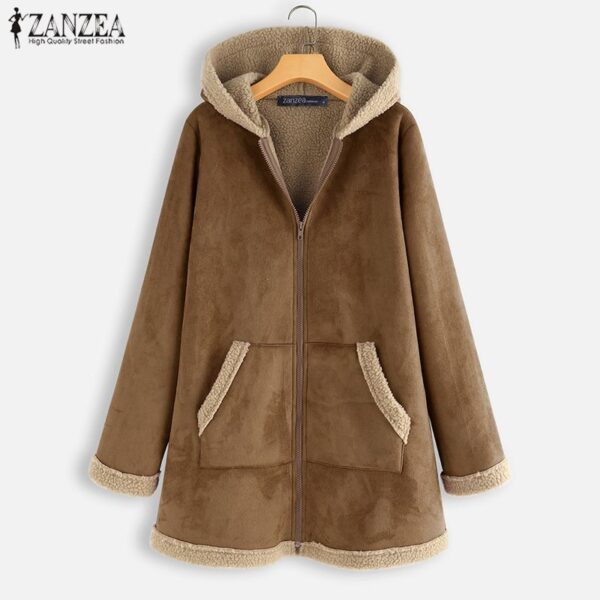 2020 Plus Size ZANZEA Winter Zipper Fleece Jackets Women Vintage Solid Hooded Long Sleeve Warm Coats Overcoats Femme Outwear
