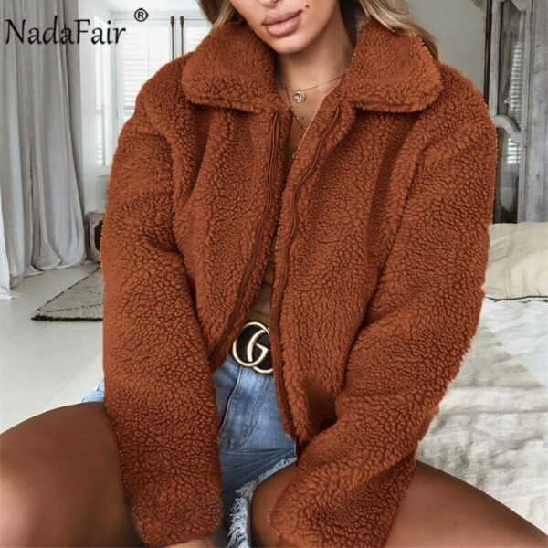 Nadafair Teddy Coat Women Winter Faux Fur Coat Thick Plus Size Fluffy Pockets Plush Jacket Ladies Autumn Overcoat Outerwear