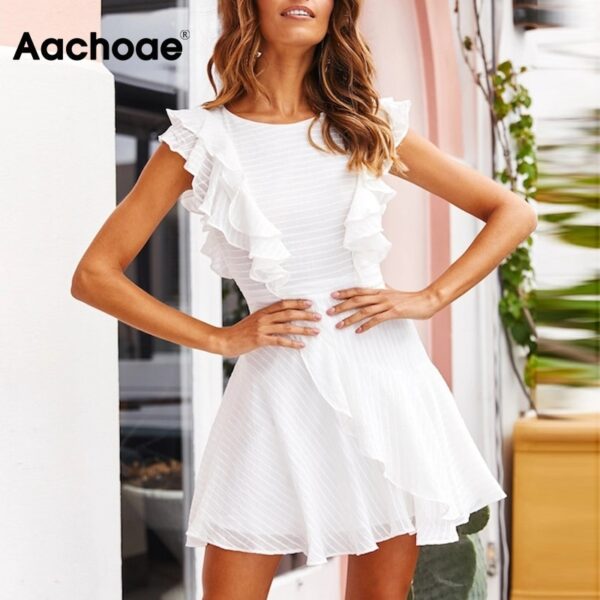Aachoae Women Ruffle Mini Dress Summer 2020 Solid O Neck Ladies Casual Dresses Sleeveless A Line Chic Party Dress Vestidos Mujer