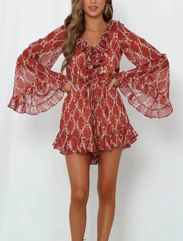 Aachoae Boho Floral Print Playsuit Women Summer 2020 Flare Long Sleeve Ruffle Party Bodysuit Chic V Neck Chiffon Beach Jumpsuit