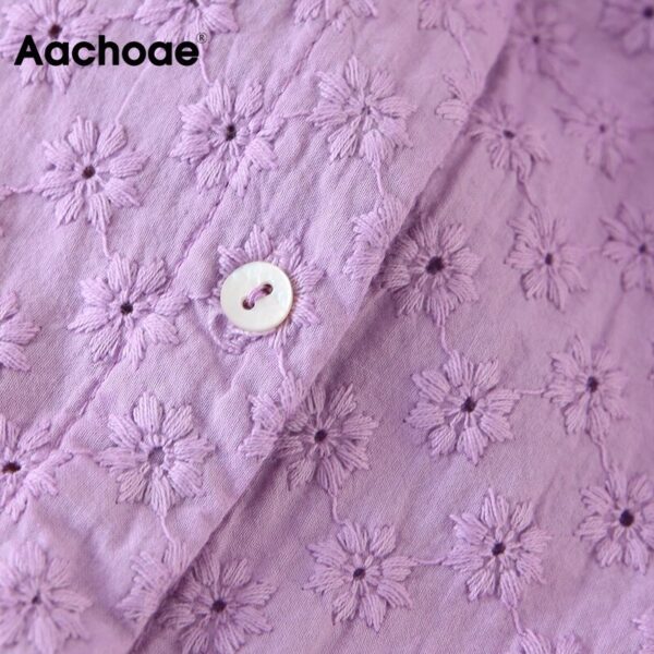 Aachoae Women Eleagnt Floral Embroidery Blouses 2020 Chic Lantern Sleeve Purple Blouse Retro Turn Down Collar Shirt Tops Blusas