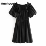 Aachoae-Women-Sweet-Black-White-Dress-Ruffles-Puff-Short-Sleeve-Stylish-Chic-Mini-Dress-Elastic-Waist-Pleated-Cotton-Dresses