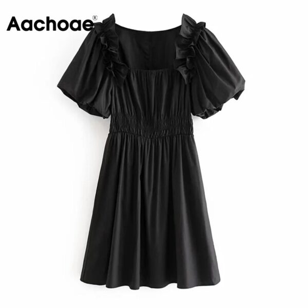 Aachoae Women Sweet Black White Dress Ruffles Puff Short Sleeve Stylish Chic Mini Dress Elastic Waist Pleated Cotton Dresses