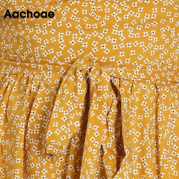 Aachoae Vintage O Neck Summer Mini Dress Women Floral Print Boho Holiday Dresses Ruffles Short Sleeve Casual Bandage Dress Robes