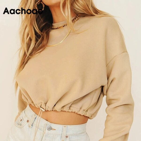 Aachoae Solid Casual Pullover Sweatshirt Women Batwing Long Sleeve Loose Sports Style Cropped Tops O Neck Tracksuit Hoodies Lady