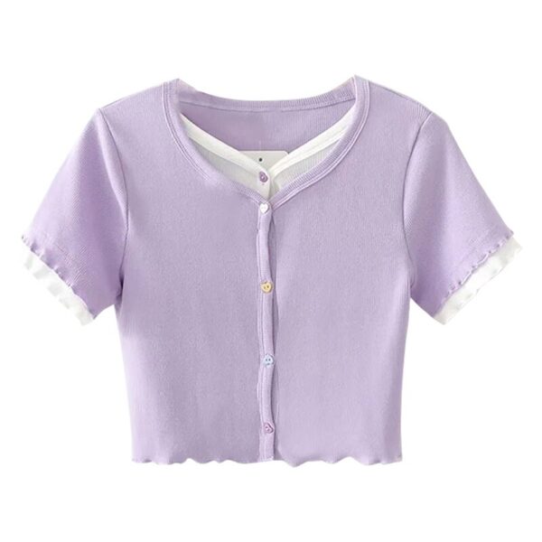 Aachoae Fashion Patchwork Shirt Women Short Sleeve Sweet Ladies Short Tops Purple Color Slim T Shirt Female Summer Ropa Mujer