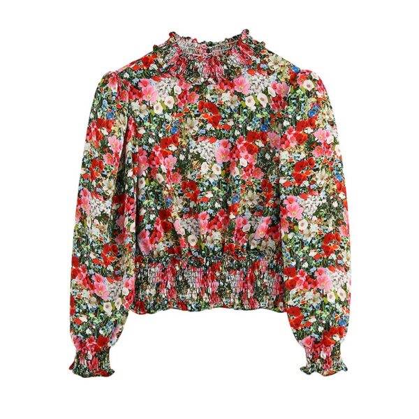 Aachoae Boho Floral Print Womens Tops And Blouses Puff Sleeve Hollow Out Shirt Elastic Waist Holiday Blouse Top Camisas Mujer