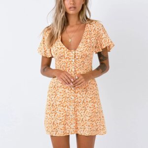 Aachoae Summer Floral Print Vintage Mini Dress Women Deep V Neck Boho Beach Dresses Female Short Sleeve Casual Button Dress